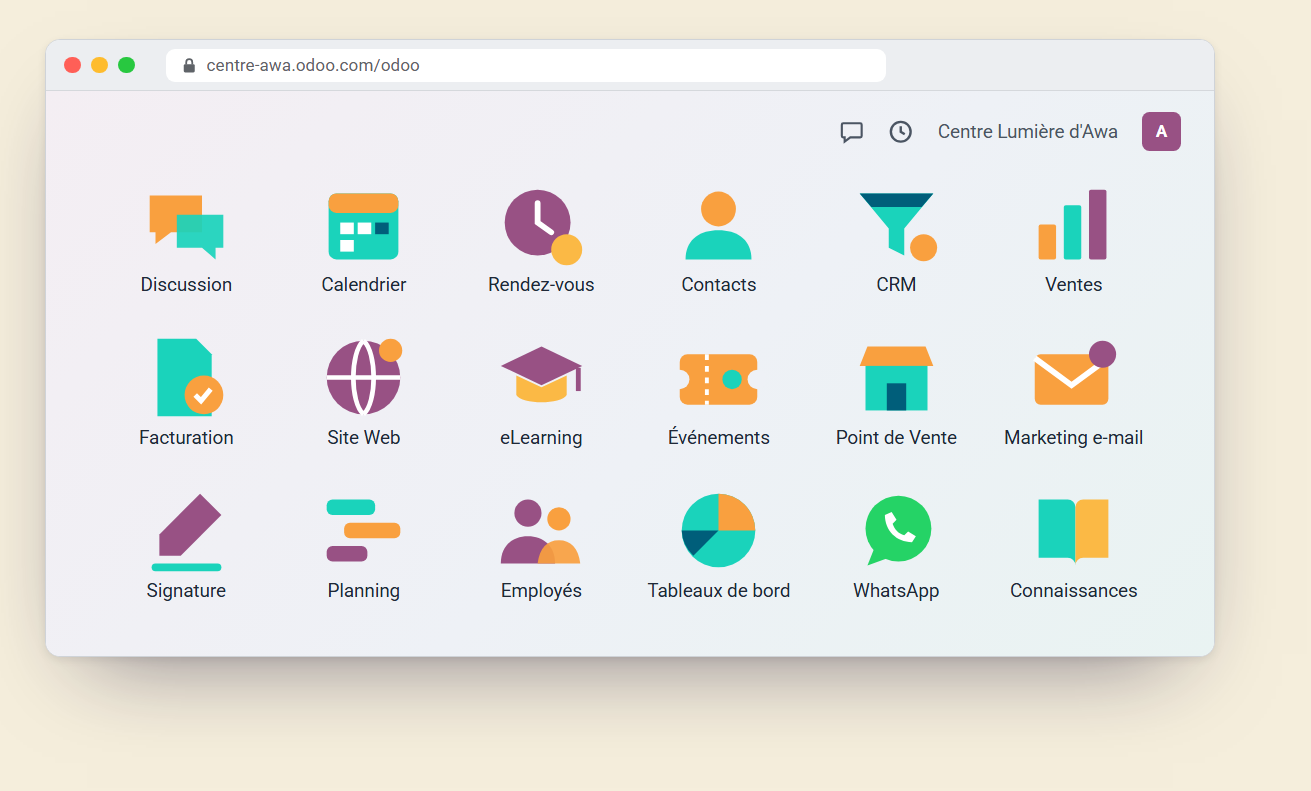 Le menu des applications Odoo d'un centre de bien-être