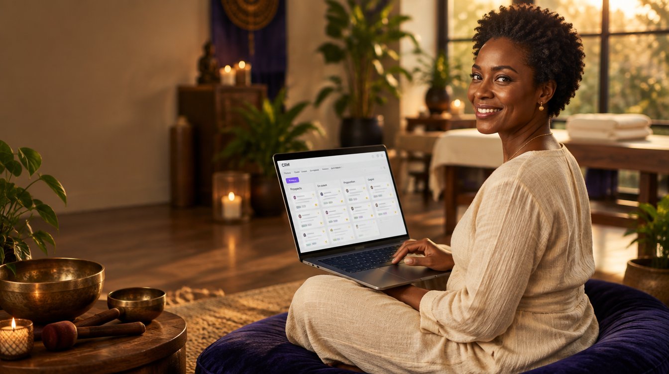 Une praticienne du bien-être gère son centre avec Odoo sur son ordinateur portable