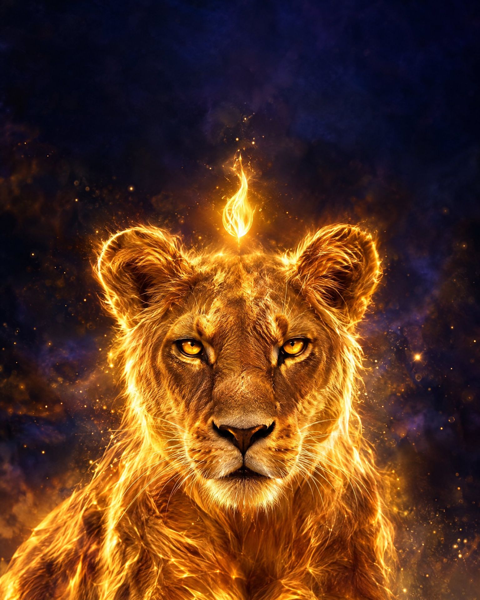 Lionne de lumière dorée surmontée d’une flamme, figure de Ma Ama Nkosi, appelée Sekhmet par l’égyptologie