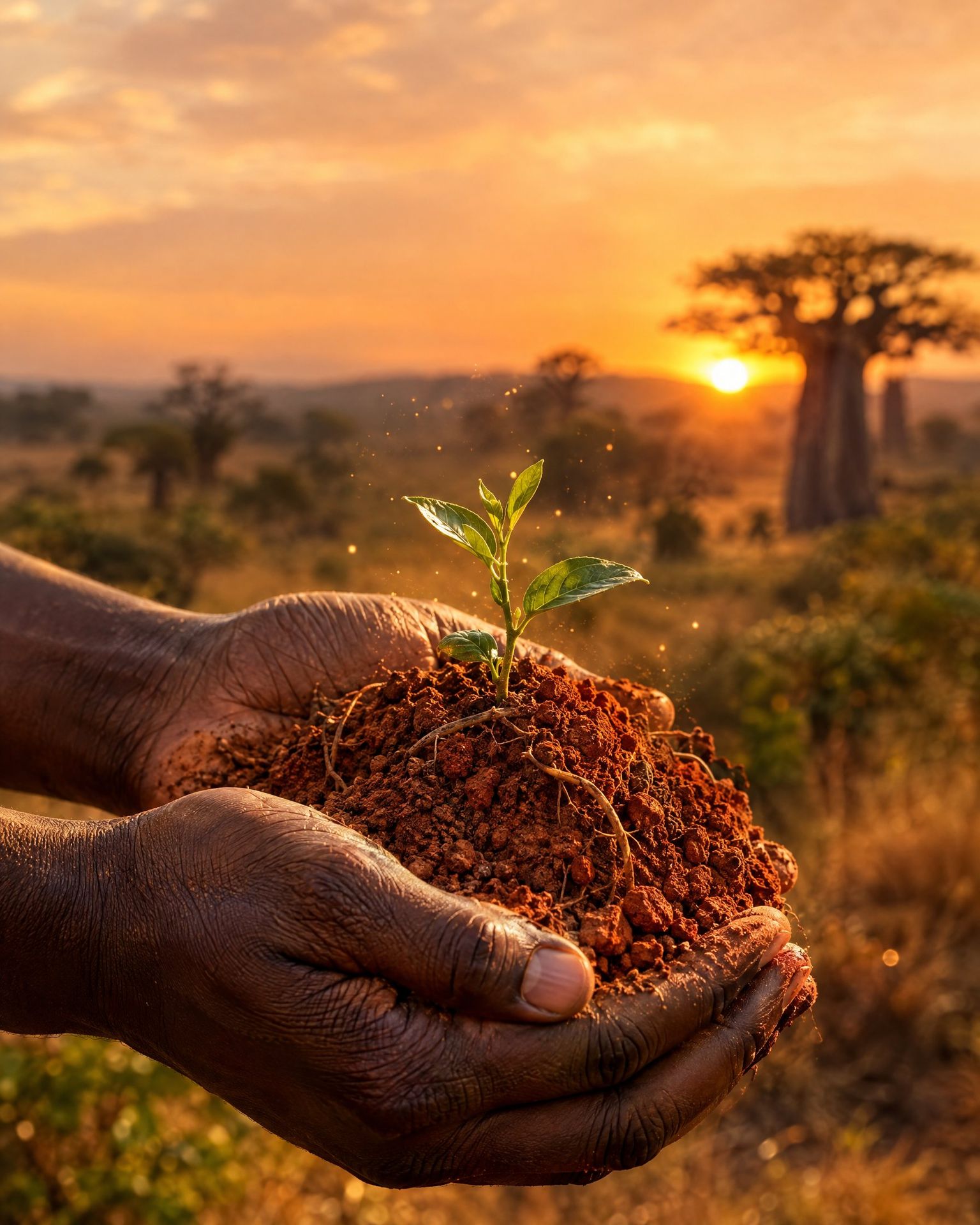 Mains tenant de la terre rouge du Congo avec une jeune pousse, symbole de Nto, le corps de Terre