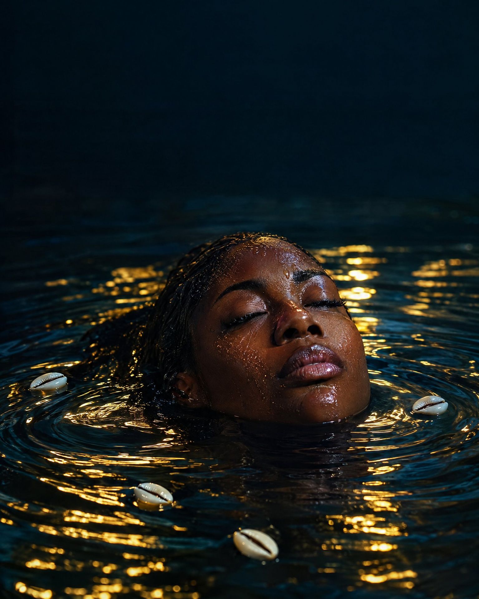 Femme les yeux fermés dans une eau sombre aux reflets dorés, symbole de Masa, le corps d’Eau
