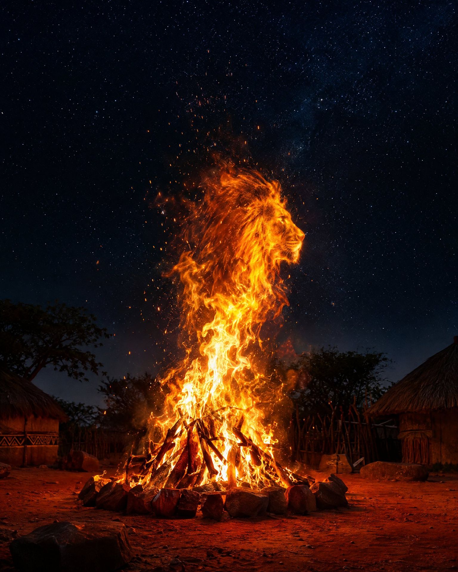 Feu sacré dans un village la nuit, les flammes dessinant une tête de lion, symbole de Tiya, le corps de Feu