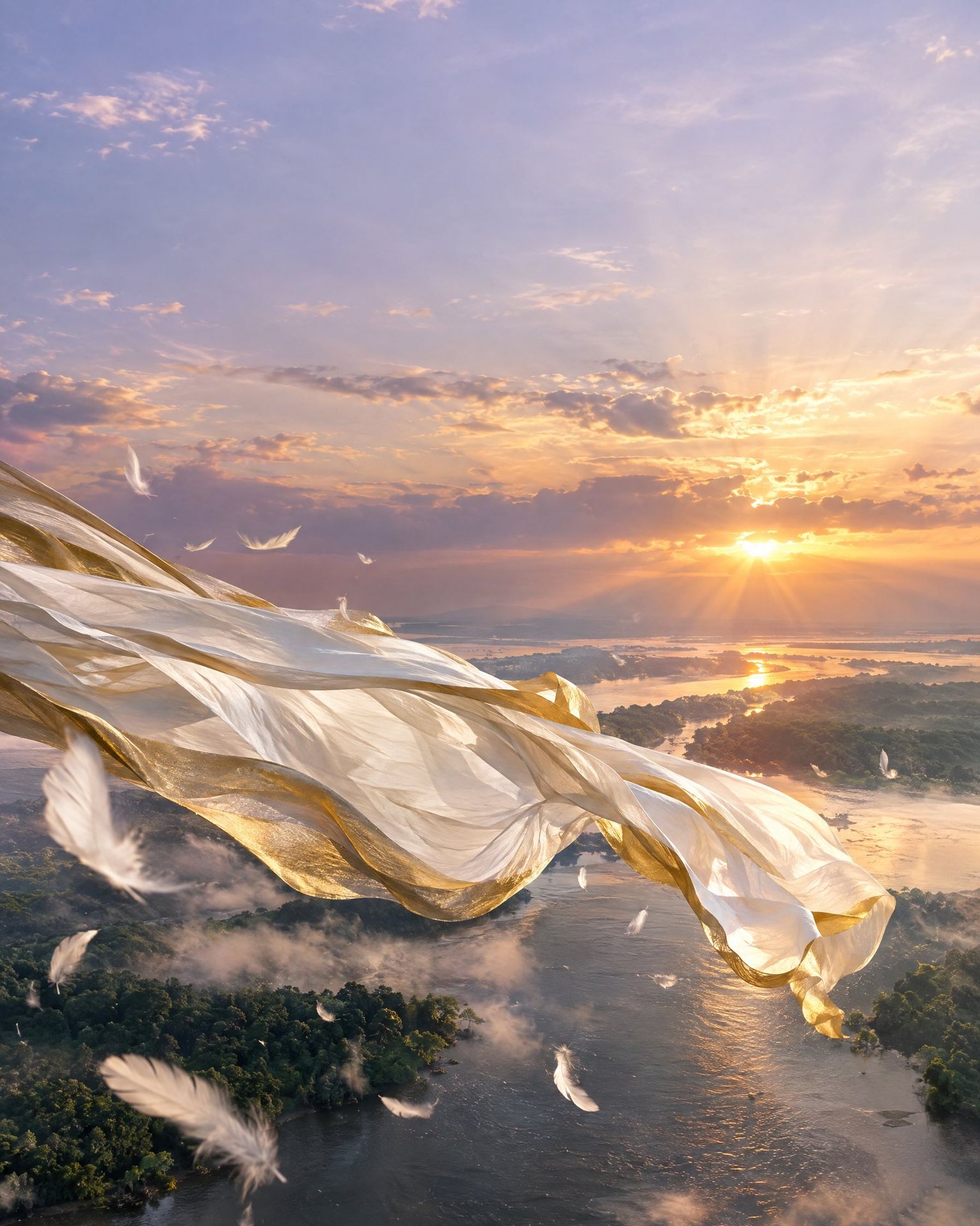 Voile blanc et or porté par le vent au-dessus du fleuve Congo à l’aube, symbole de Mu-Mpémpé, le corps d’Air