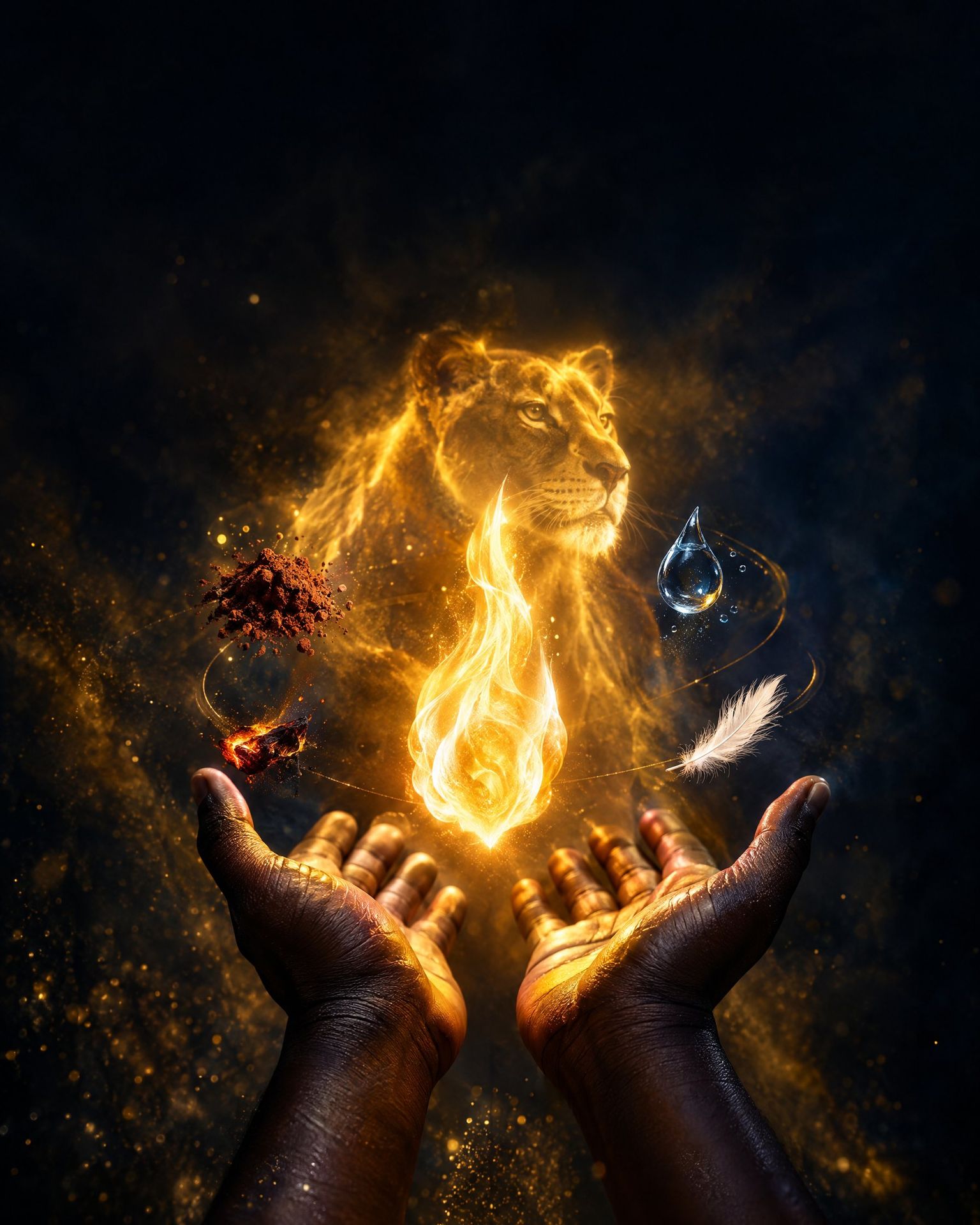 Mains ouvertes recevant une flamme dorée, avec la silhouette lumineuse d’une lionne, symbole du Ngi